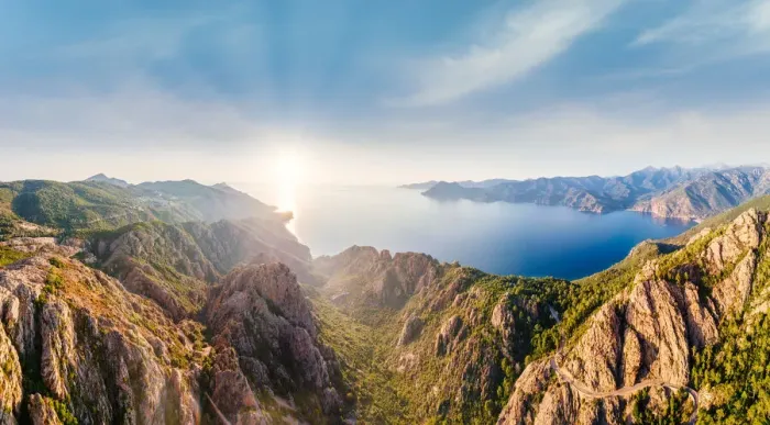 Framed Print : Panoramic aerial view of Calanches de Piana coastline, Western Corsica Island, France Framed Print : Panoramic aerial view of Calanches de Piana coastline, Western Corsica Island, France