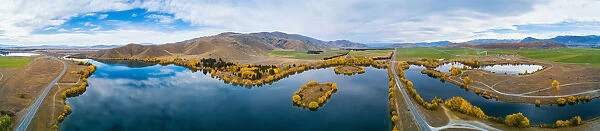Panoramic aerial view of Wairepo Arm in autumn, Twizel