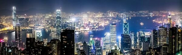 Panoramic of Hong Kong harbor from Victoria peak at night, China