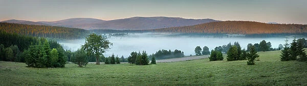 Panoramic landscape of a mountain valley with morning fog