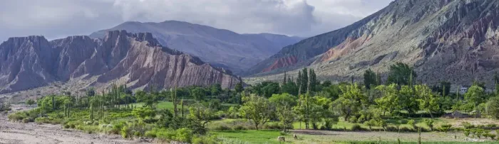 Framed Print : Panoramic, lush vegetation at the Purmamarca river, behind Cerro de los Siete Colores or Hill of Seven Colors in Purmamarca, Jujuy Province, Argentina