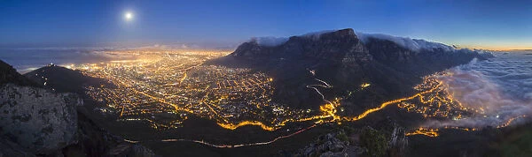 Panoramic full moon view of City Bowl, Cape Town, Western Cape Province, South Africa at night