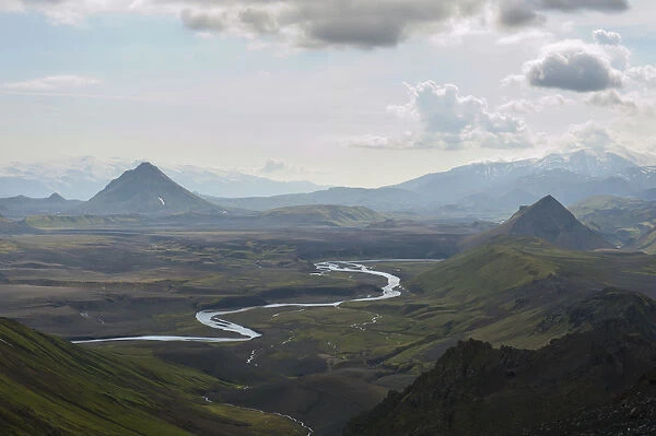 Panoramic mountain landscape near Alftavatn lake with a wild river, view from Bratthals Mountain, Laugavegur trekking route, Highlands, Sudurland, Iceland