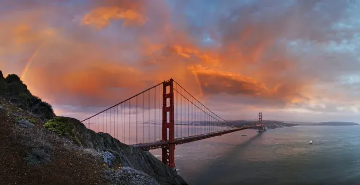Framed Print : Panoramic view of the Golden Gate Bridge with a rainbow at sunset and orange-glowing storm clouds, San Francisco, California, United States Framed Print : Panoramic view of the Golden Gate Bridge with a rainbow at sunset and orange-glowing storm clouds, San Francisco, California, United States