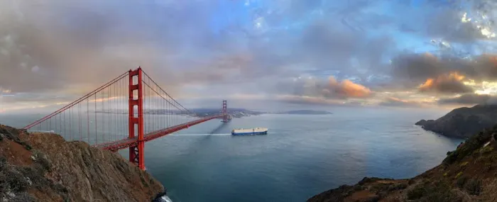 Framed Print : Panoramic view of the Golden Gate Bridge at sunset with a rainbow and storm clouds, San Francisco, California, United States Framed Print : Panoramic view of the Golden Gate Bridge at sunset with a rainbow and storm clouds, San Francisco, California, United States