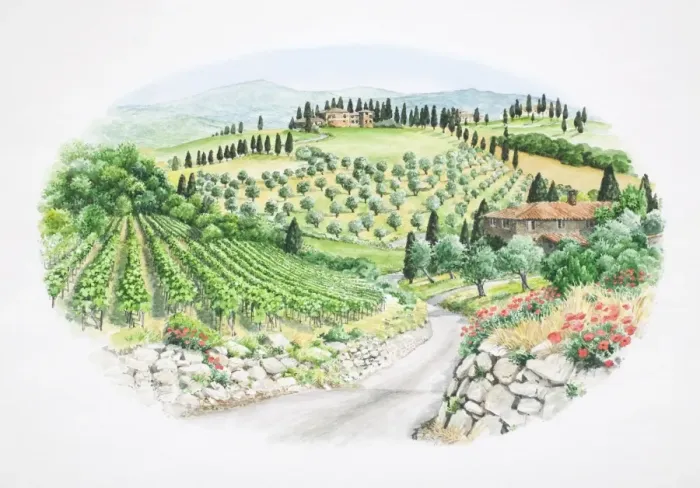 Framed Print : Panoramic view of green valley landscape with brick houses, vineyards, groves, poppies and cypress trees, front view Framed Print : Panoramic view of green valley landscape with brick houses, vineyards, groves, poppies and cypress trees, front view