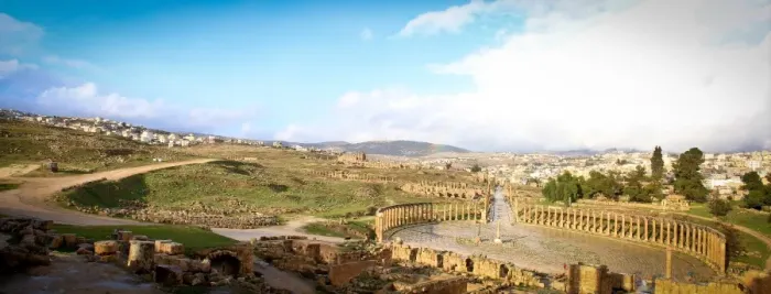 Framed Print : Panoramic view of Jerash Oval Forum and wider site Framed Print : Panoramic view of Jerash Oval Forum and wider site