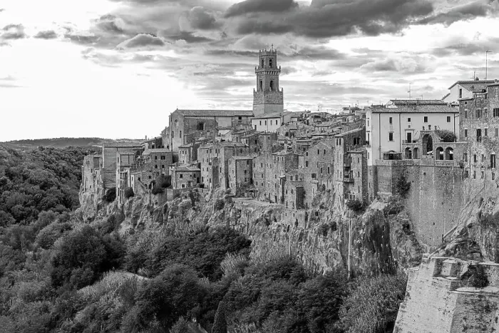 Framed Print : Panoramic view of the medieval town of Pitigliano, black and white photograph, Pitigiliano, Tuscany, Italy Framed Print : Panoramic view of the medieval town of Pitigliano, black and white photograph, Pitigiliano, Tuscany, Italy