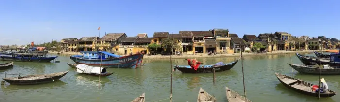 Framed Print : panoramic view of old town and river with boats Framed Print : panoramic view of old town and river with boats