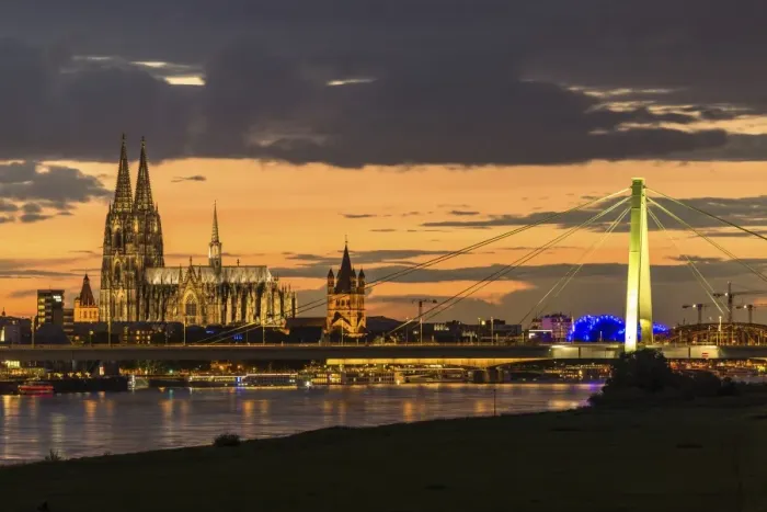 Framed Print : Panoramic view of the Rhine with Cologne Cathedral, Severinsbrucke Bridge, the Musical Dome and Great St. Martin Church, at dusk, Cologne, North Rhine-Westphalia, Germany Framed Print : Panoramic view of the Rhine with Cologne Cathedral, Severinsbrucke Bridge, the Musical Dome and Great St. Martin Church, at dusk, Cologne, North Rhine-Westphalia, Germany