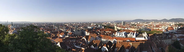Panoramic view from Schlossberg, castle hill, cathedral, left, Town Hall, centre, Mariahilferkirche, Mariahilf Church, right, Graz, Styria, Austria, Europe, PublicGround
