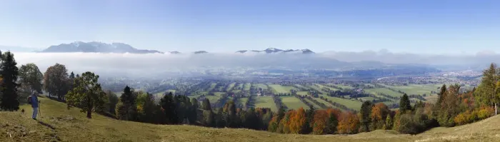 Framed Print : Panoramic view from Sonntratn Mountain near Gaissach over the Isar valley, looking towards Brauneck, Benedict Wall, Zwiesel and Blomberg, with Bad Toelz on the right, Isarwinkel, Upper Bavaria, Bavaria, Germany, Europe