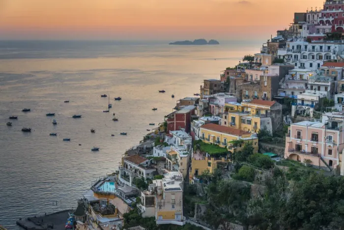 Framed Print : Panoramic view at the sunset of amazing city of Positano Framed Print : Panoramic view at the sunset of amazing city of Positano