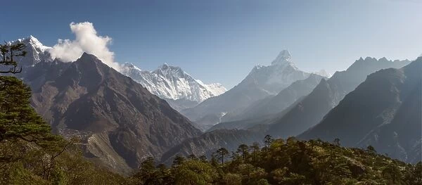 Panoramic view of Taboche, Everest, Lhotse, and Ama Dablam mountai peak, Everest region
