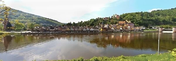 Panoramic view of the town with Hirschhorn Castle, Marktkirche Church, the Carmelite Monastery and the Neckar River, Hirschhorn, Neckartal-Odenwald Nature Reserve, Hesse, Germany, Europe, PublicGround