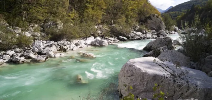 Framed Print : Panoramic view of turquoise Soca river, Soca Valley near Bovec, Triglav National Park, Slovenia, Europe Framed Print : Panoramic view of turquoise Soca river, Soca Valley near Bovec, Triglav National Park, Slovenia, Europe