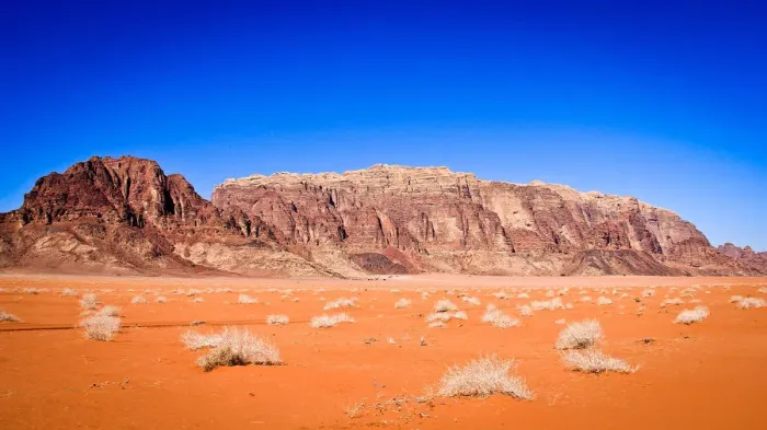 Framed Print : Panoramic view of Wadi Rum from a hilltop with clear blue sky background Framed Print : Panoramic view of Wadi Rum from a hilltop with clear blue sky background