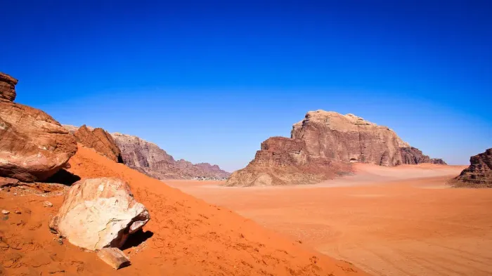Framed Print : Panoramic view of Wadi Rum with sand dunes in forefront Framed Print : Panoramic view of Wadi Rum with sand dunes in forefront