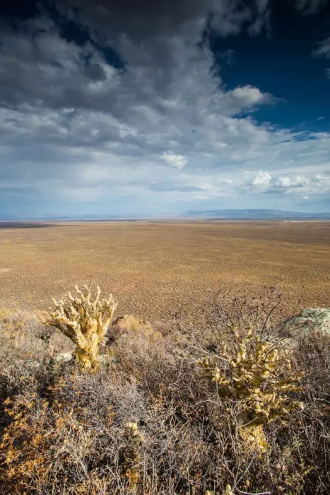 Framed Print : Panoramic views over the Tankwa Karoo Desert with dramatic thunderclouds in the sky