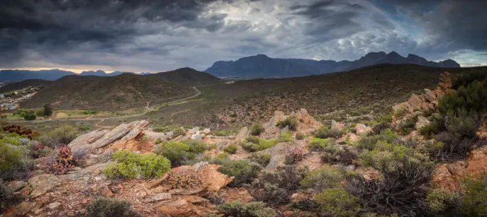 Framed Print : Panoramic wide angle landscape photos of the Brandwaght mountains in Worcester South Africa