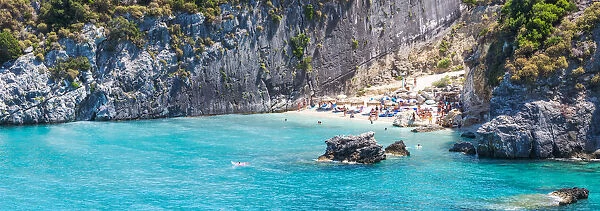 Panoramic of Xigia beach crowded with tourists in summer, Zante, Greece