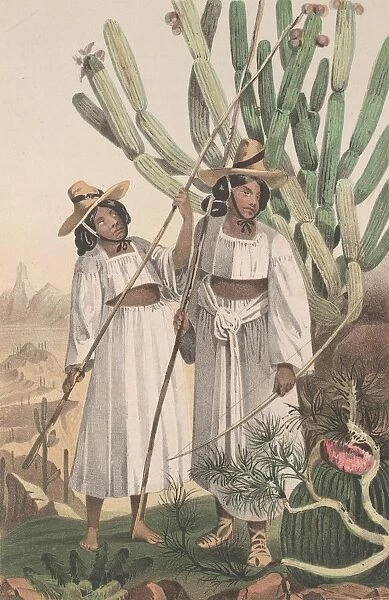 Papagos. circa 1800: Two Papago women carrying a bow