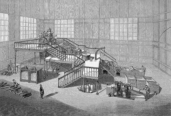 The paper factory of Heinrich Voelter at the World's Fair in Paris, France, paper production, industry of the Decker brothers, Historic, digitally restored reproduction of an original 19th century master, exact original date not known