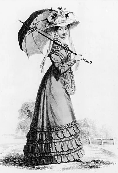 Parasol Promenade. A woman in a carriage dress, parasol and hat ensemble
