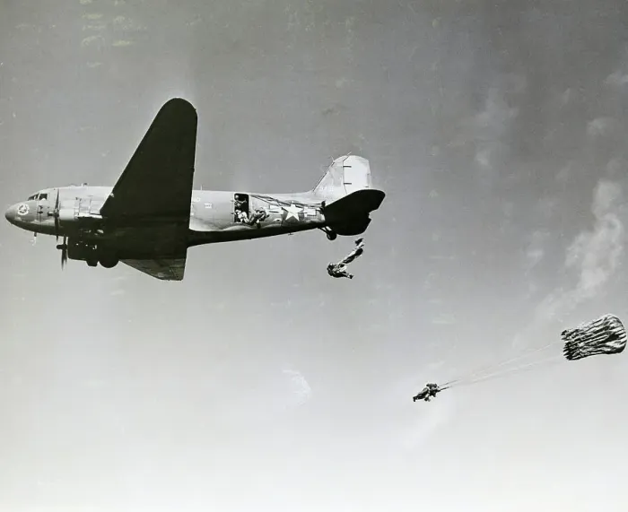 Framed Print : Paratroopers Jumping from Airplane