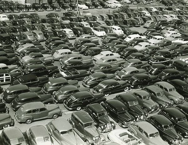 Parking full of cars, (B&W), (elevated view
