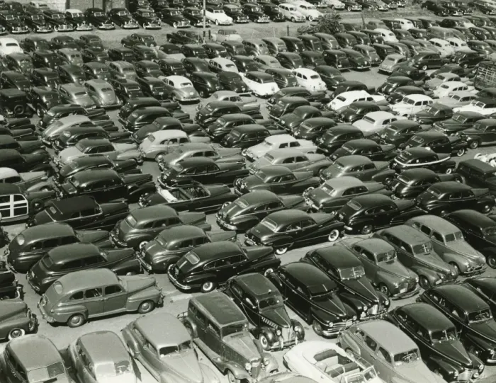 Framed Print : Parking full of cars, (B&W), (elevated view Framed Print : Parking full of cars, (B&W), (elevated view