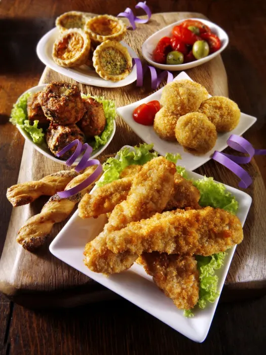Framed Print : Party buffet food with Southern fried chicken, onion balls, small quiches and fried Camembert Framed Print : Party buffet food with Southern fried chicken, onion balls, small quiches and fried Camembert