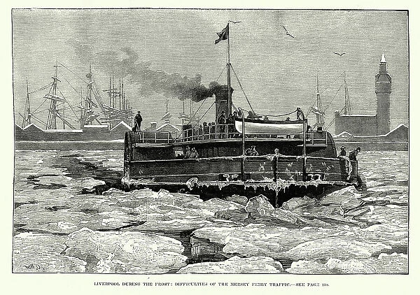 Passenger ferry crossing the frozen River Mersey, Liverpool, Cold Weather, Victorian, History, 1880s, 19th Century