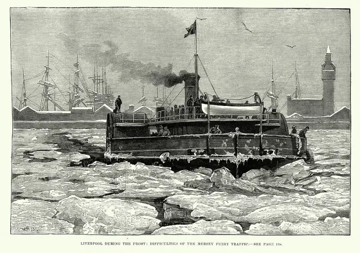 Framed Print : Passenger ferry crossing the frozen River Mersey, Liverpool, Cold Weather, Victorian, History, 1880s, 19th Century Framed Print : Passenger ferry crossing the frozen River Mersey, Liverpool, Cold Weather, Victorian, History, 1880s, 19th Century