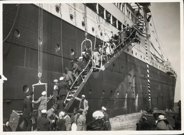 Framed Print : Passengers Come Down Ocean Liner Ladder Framed Print : Passengers Come Down Ocean Liner Ladder