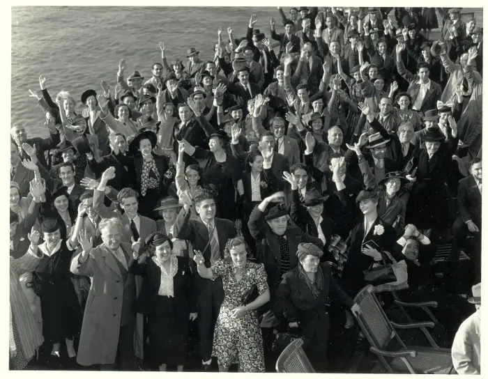Framed Print : Passengers on the Ile De France Cheering Framed Print : Passengers on the Ile De France Cheering