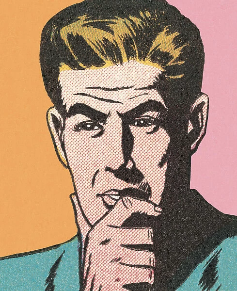 Pastel-colored pop-art-style illustration of a man thinking