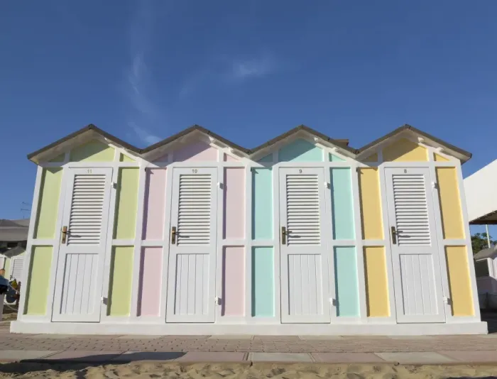 Framed Print : Pastel coloured beach cabins, Riccione, Emilia-Romagna region, Italy Framed Print : Pastel coloured beach cabins, Riccione, Emilia-Romagna region, Italy