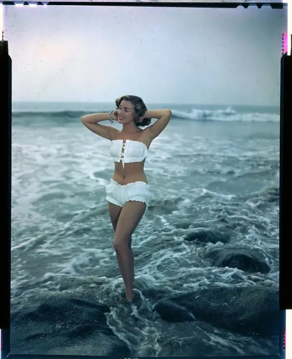 Framed Print : Pat Hall Standing in Water and Wearing White Bikini Framed Print : Pat Hall Standing in Water and Wearing White Bikini