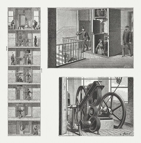 Paternoster lift, usage and drive wheels, wood engravings, published 1888