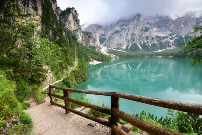 Framed Print : Path around Lago di Braies, Dolomites Framed Print : Path around Lago di Braies, Dolomites
