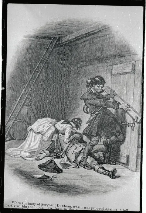 Framed Print : Pathfinder Closing Door Against Onstorming Indians Framed Print : Pathfinder Closing Door Against Onstorming Indians