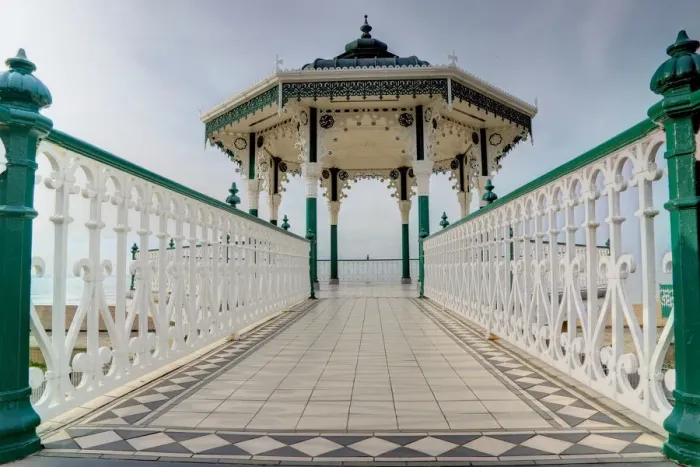 Framed Print : Pathways. Path to Pavilion. Tiled raised path leading to seafront pavilion / Framed Print : Pathways. Path to Pavilion. Tiled raised path leading to seafront pavilion /