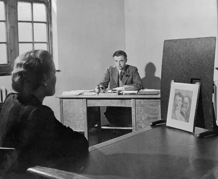 Framed Print : Patient Looking at Picture in Psychiatrist's Office Framed Print : Patient Looking at Picture in Psychiatrist's Office
