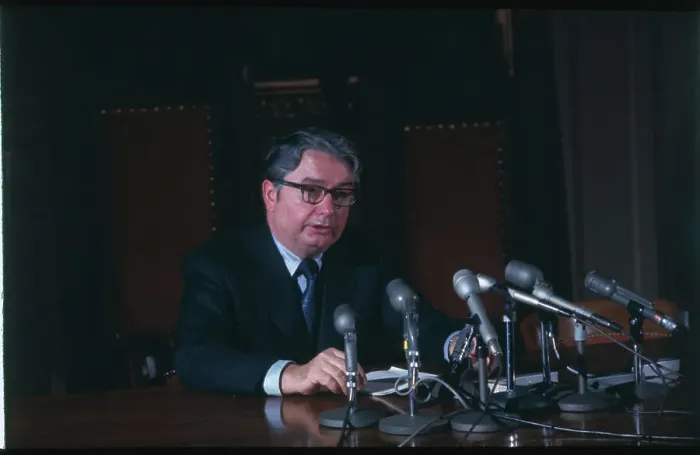 Framed Print : Patrick Lucey Speaking at News Conference Framed Print : Patrick Lucey Speaking at News Conference
