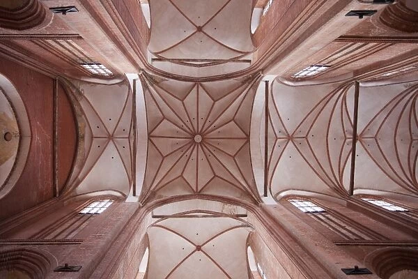 Pattern of ribbed vaulting ceiling, viewed from below at St. Nikolai Church, Wismar, Germany