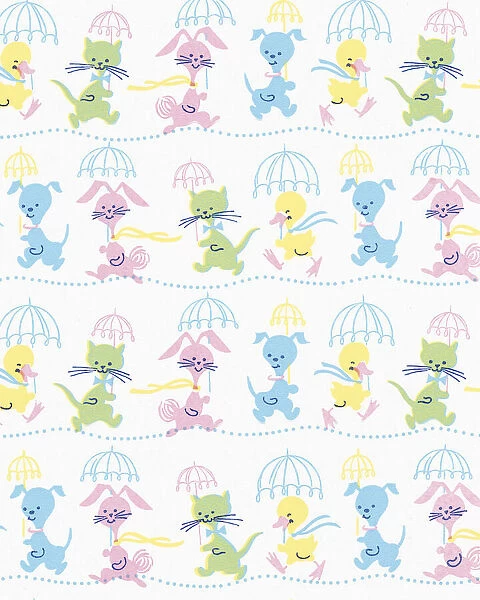 Pattern of Young Animals Carrying Umbrellas
