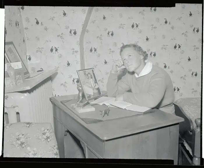 Framed Print : Patty Berg Sitting at Her Desk Looking Into Space Framed Print : Patty Berg Sitting at Her Desk Looking Into Space