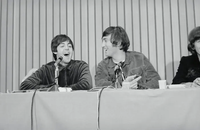 Framed Print : Paul McCartney and John Lennon at Press Conference Framed Print : Paul McCartney and John Lennon at Press Conference