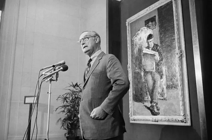 Framed Print : Paul Mellon Standing in Front of Donated Painting, Paul Cezanne's The Artist's Father Framed Print : Paul Mellon Standing in Front of Donated Painting, Paul Cezanne's The Artist's Father